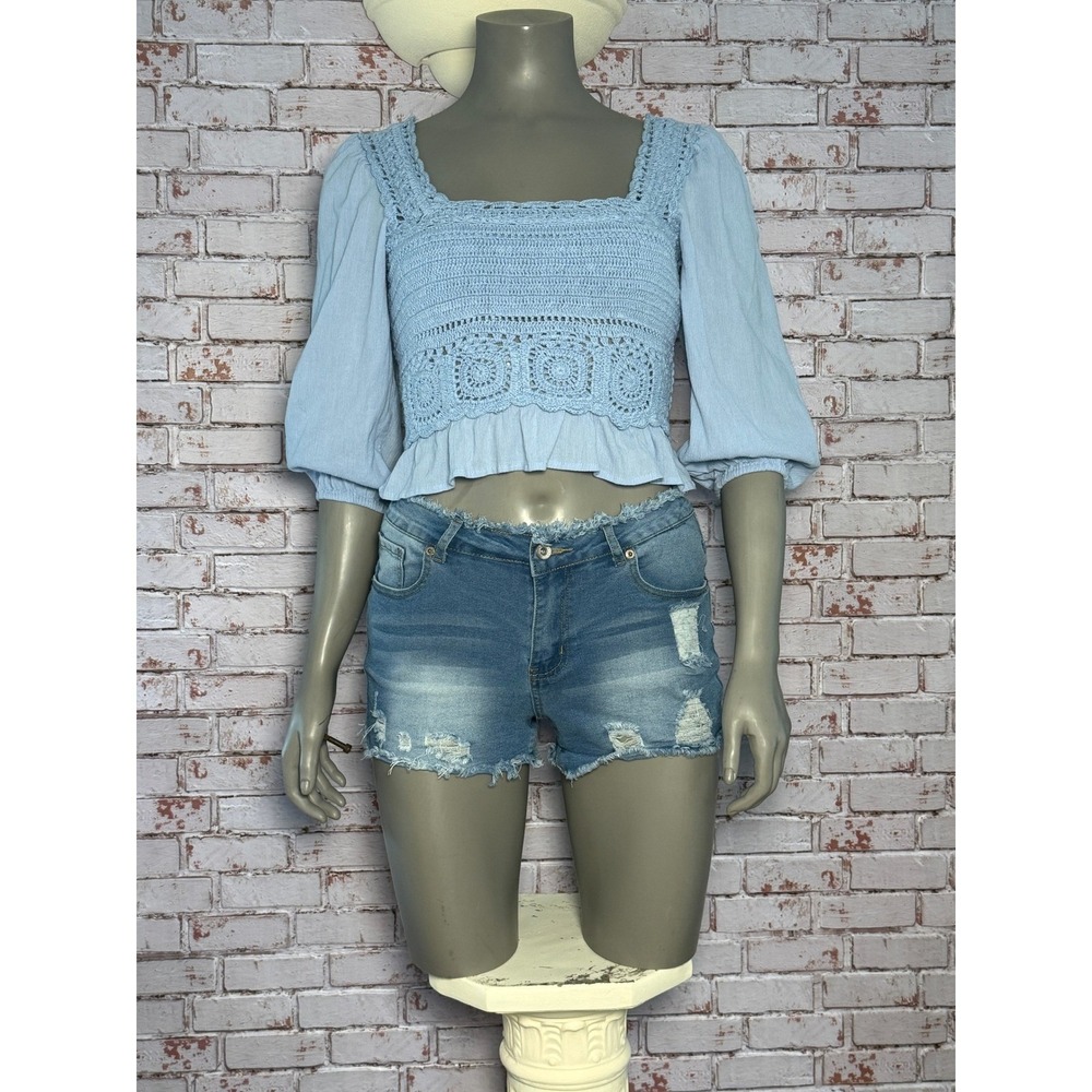 American Eagle Light Blue Crochet Smocked Puff Sleeve Crop Top Small Boho Ruffle